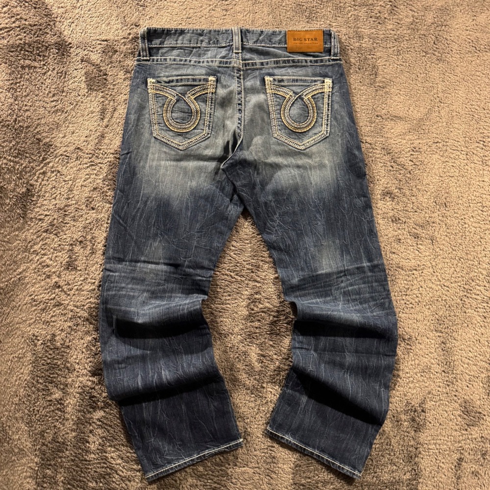 Big Star Voyager Straight Leg Jeans Mens 34R Blue Thick Stitch Embroidered Denim